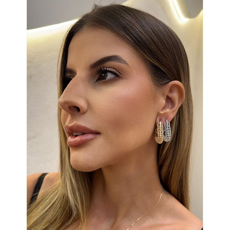 Argola Triângulo com Elos Diamantados Esplendor Banho Ouro e Ródio