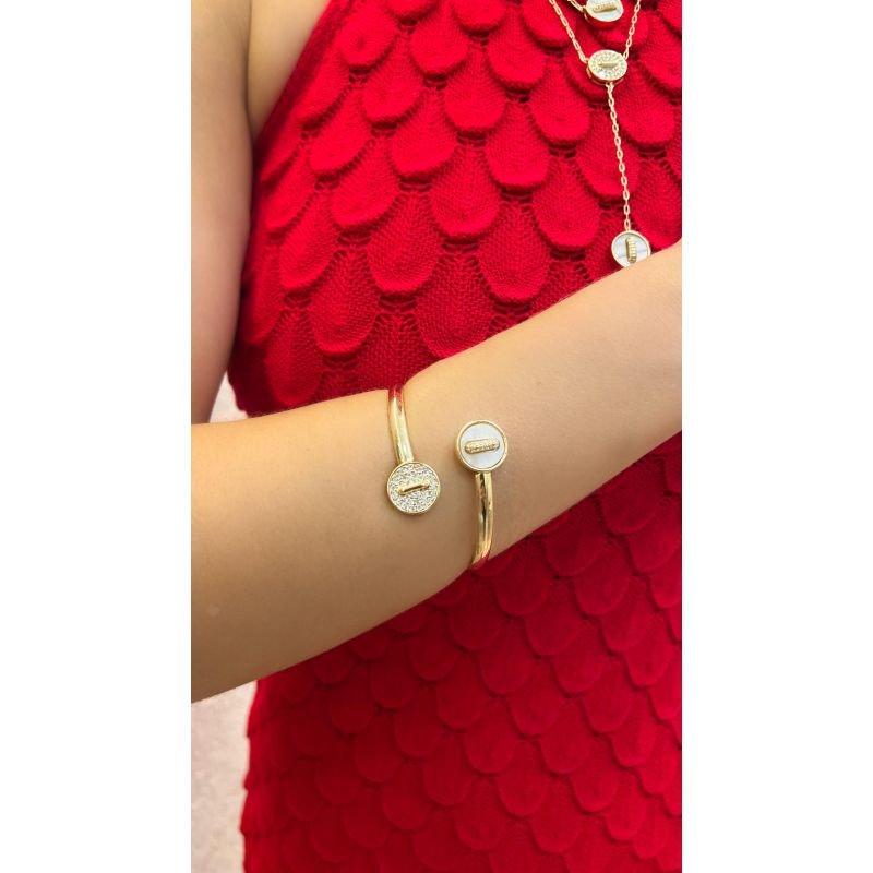 Bracelete Duplo Redondo Cravejado Ícone Centro Ouro e Ródio