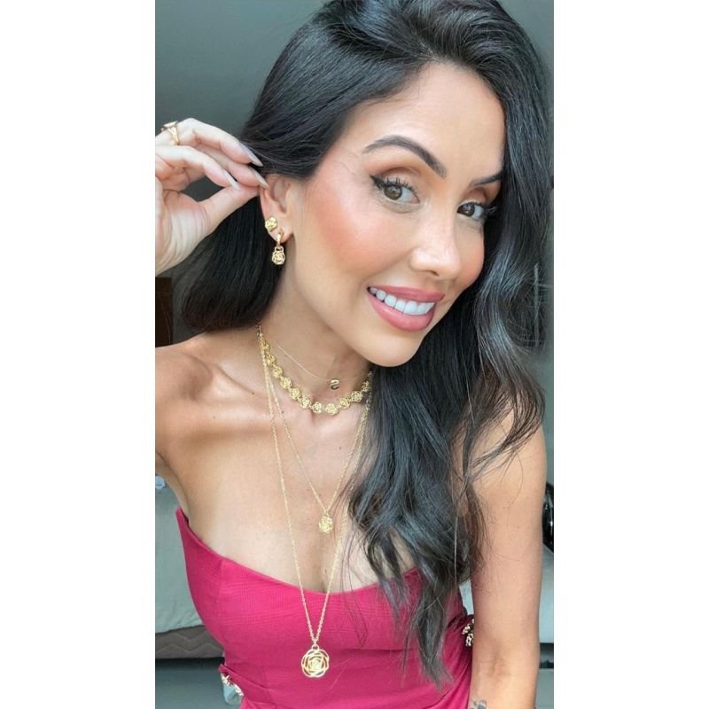 Brinco Argola com Rosa Pendurada Ouro e Ródio