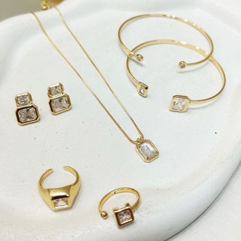 Brinco Asteria Zircônia Retangular Ouro e Ródio