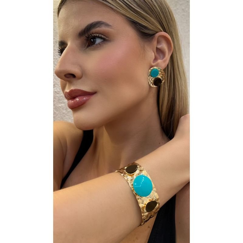 Brinco Orgânico Medalha Marrom e Turquesa Sahara Chic