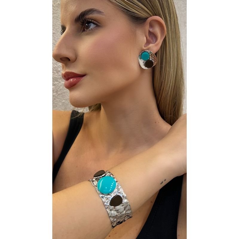 Brinco Orgânico Medalha Marrom e Turquesa Sahara Chic