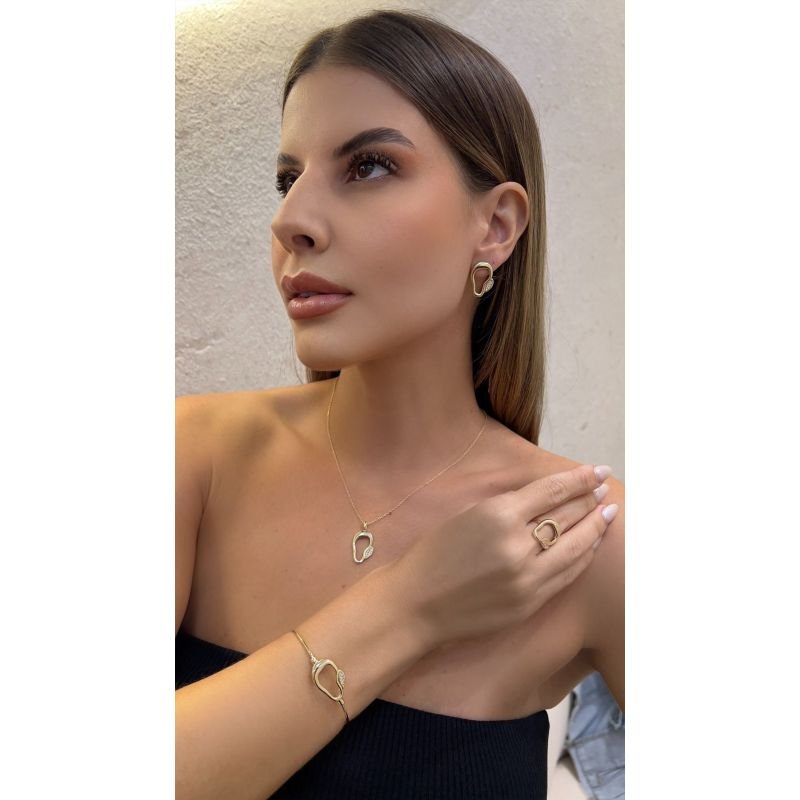 Brinco Orvalho Orgânico com 4 Zircônias Mon Amour Banho Ouro e Ródio