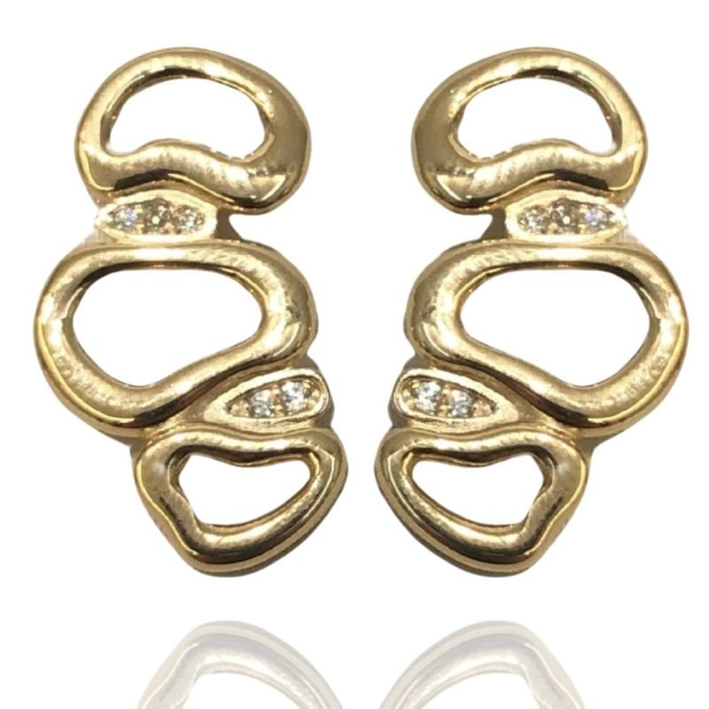 Brinco Triplo Orvalho Orgânico com 5 Zircônias Mon Amour Banho Ouro e Ródio