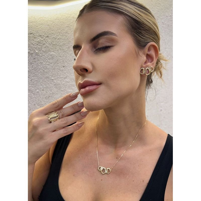 Brinco Triplo Orvalho Orgânico com 5 Zircônias Mon Amour Banho Ouro e Ródio