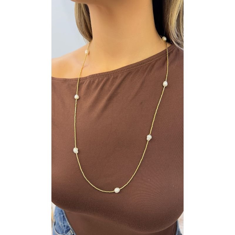 Colar Longo Canutilho Perolas Naturais Mon Amour Ouro