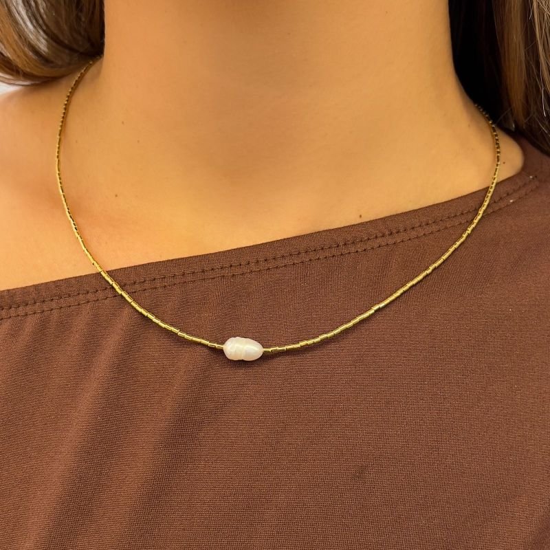 Colar Medio Canutilho com uma Perola Mon Amour Ouro