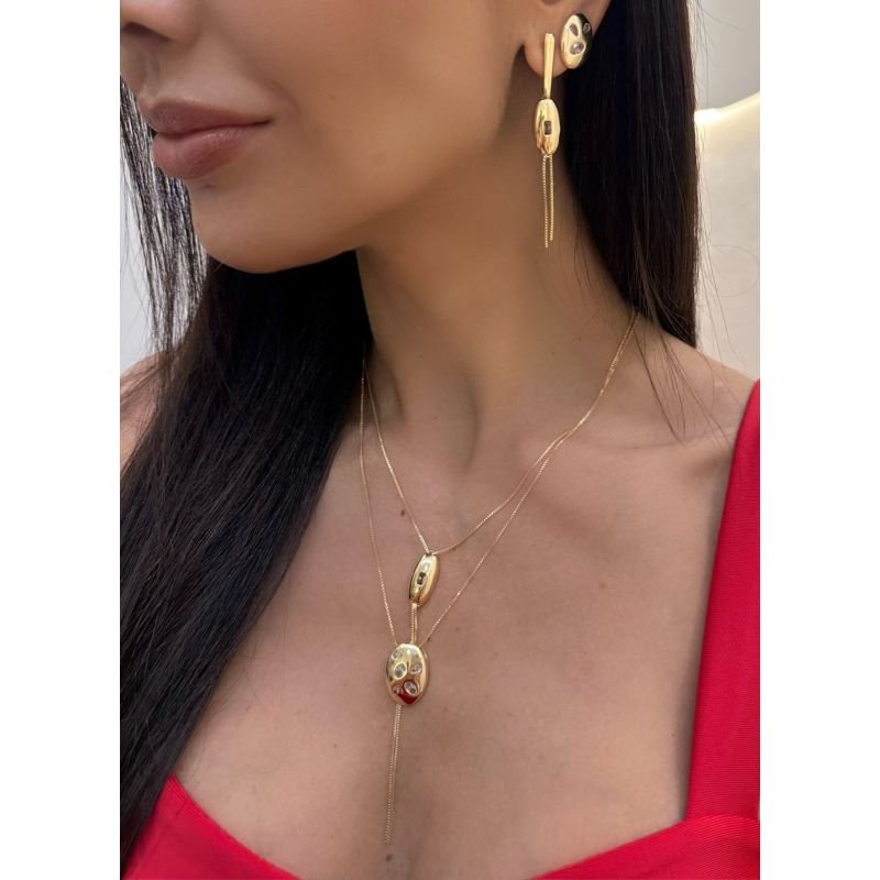 Colar Oval Zircônia Solitário com Fios Esplendor Banho Ouro e Ródio