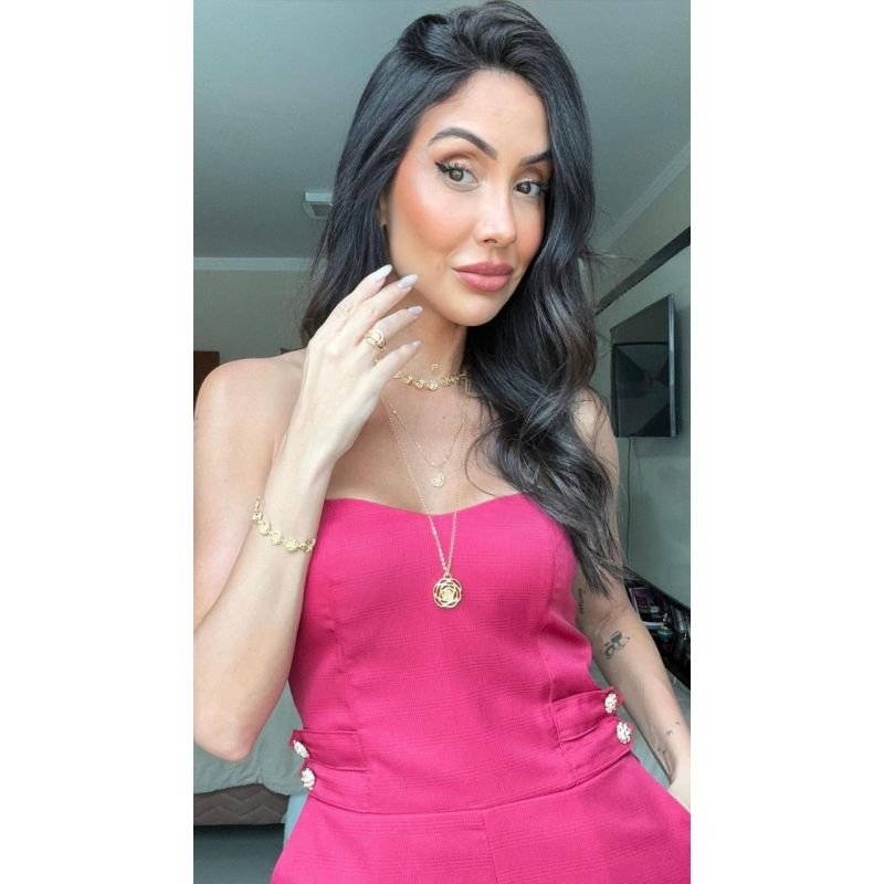 Colar Rosa Longo Ouro e Ródio